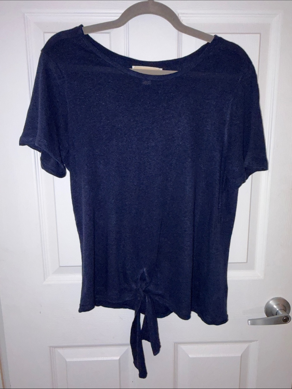 Michael Kors Womens L Blue Solid Knit Linen Viscose Tie Front Logo Tee